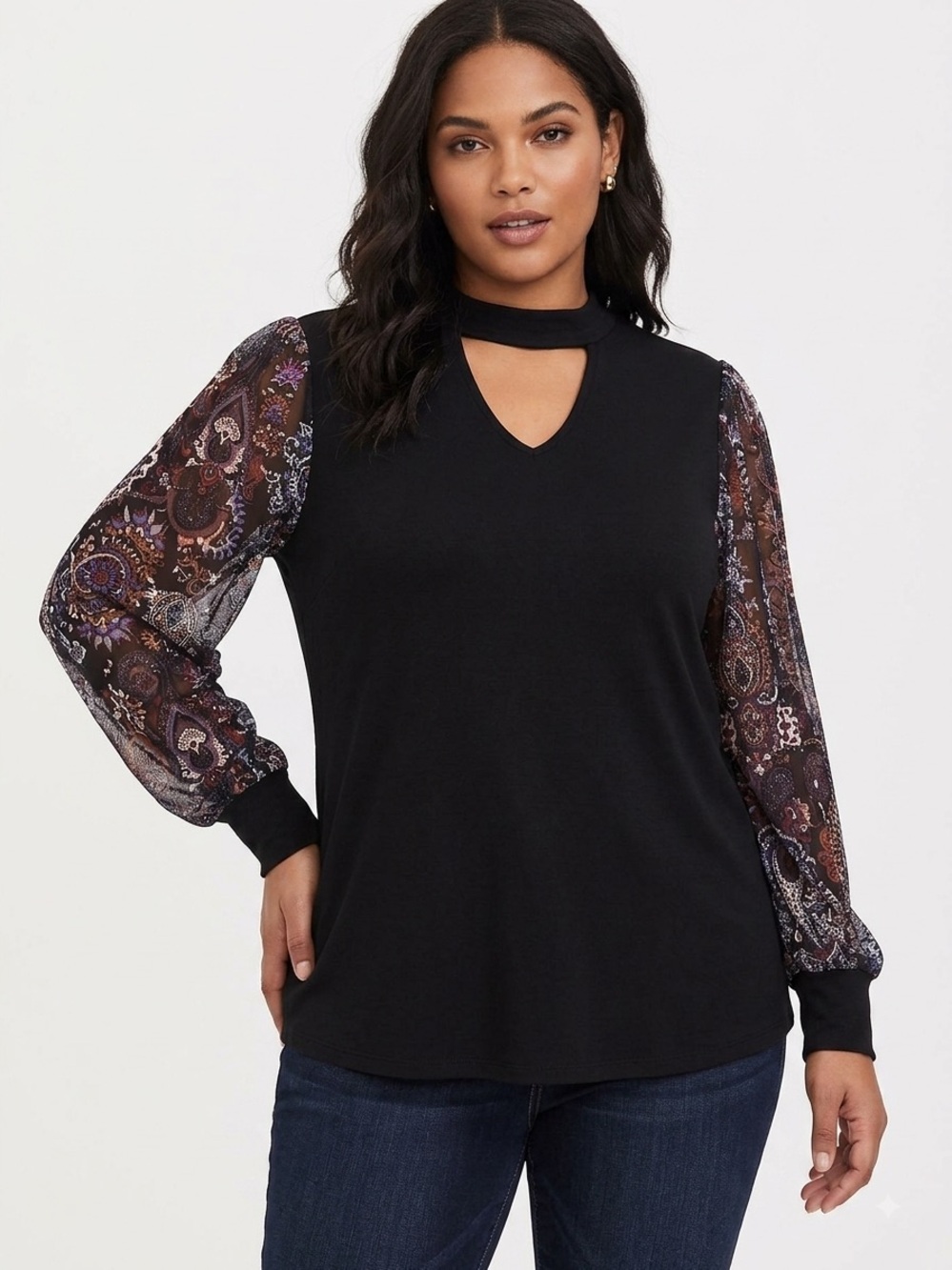 Women’s Black Long-Sleeve Top with Patterned Sheer Sleeves